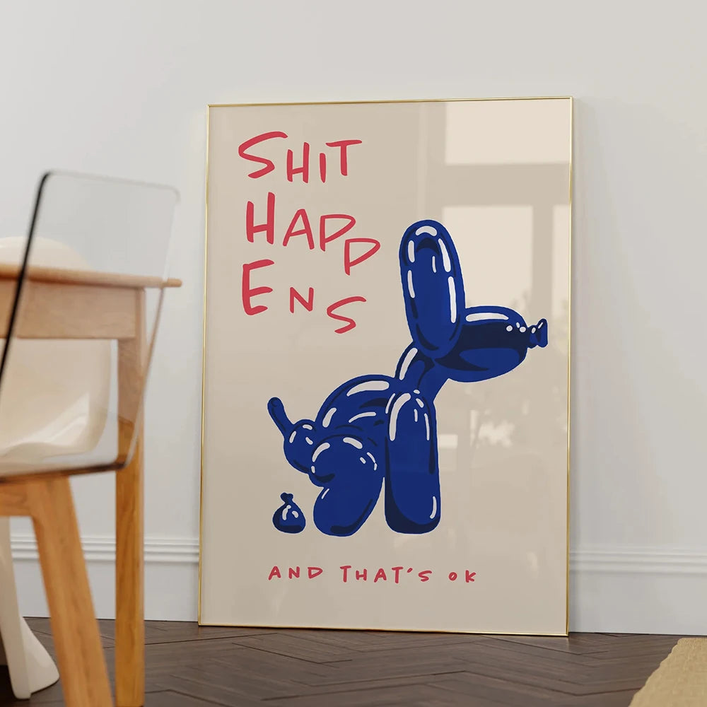 Poster with blue balloon dog and red text on a wall in a room.