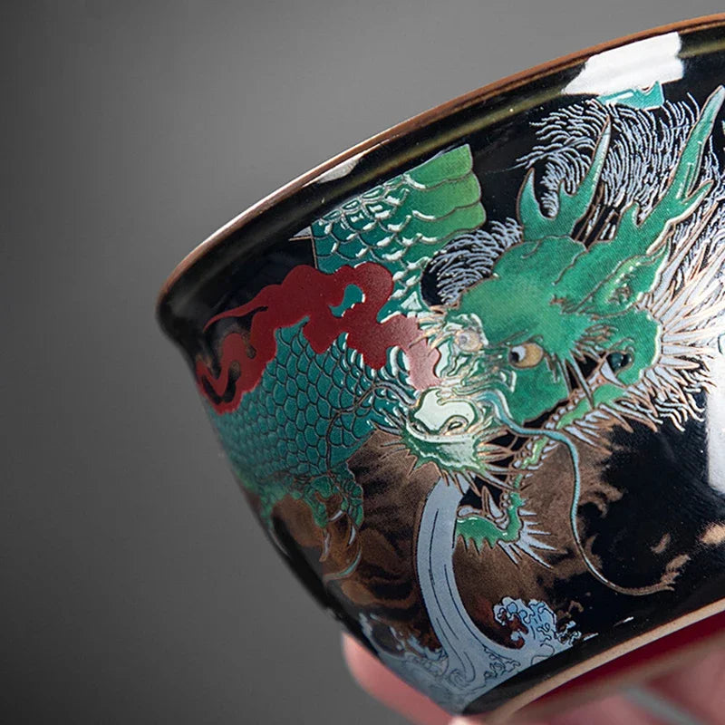Chinese Green Dragon Tea Cup Wired Enamel Master Cup Ceramic Jucai Water Tank Cup Luxurious Black Tea Bowl Business Gifts