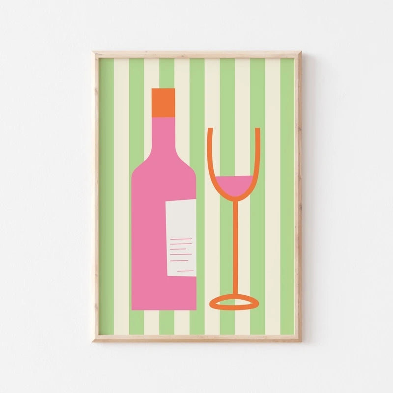 Framed artwork with a pink wine bottle and orange glass on a striped background