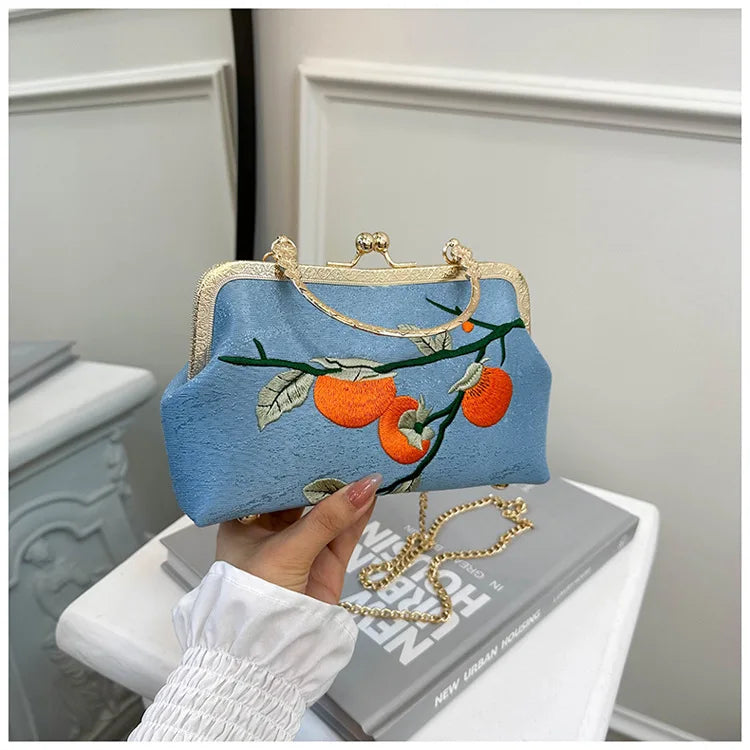 Chinese Style Persimmon Embroidered Shoulder Bag Elegant Handbag Retro Small Square Bag Wedding Party Women Clip Evening Clutch