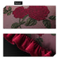 Close-up of floral embroidery on fabric with a focus on texture and design.