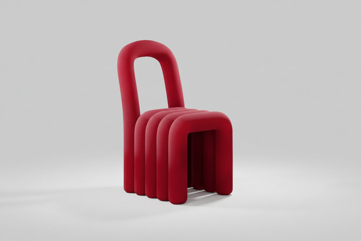A red, special-shape dining chair with a metal inner structure and plush fabric upholstery.