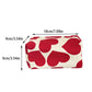 Red heart-patterned pouch with measurements on a white background