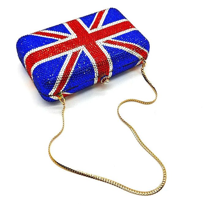 Clutch bag with Union Jack design and gold chain strap on a white background