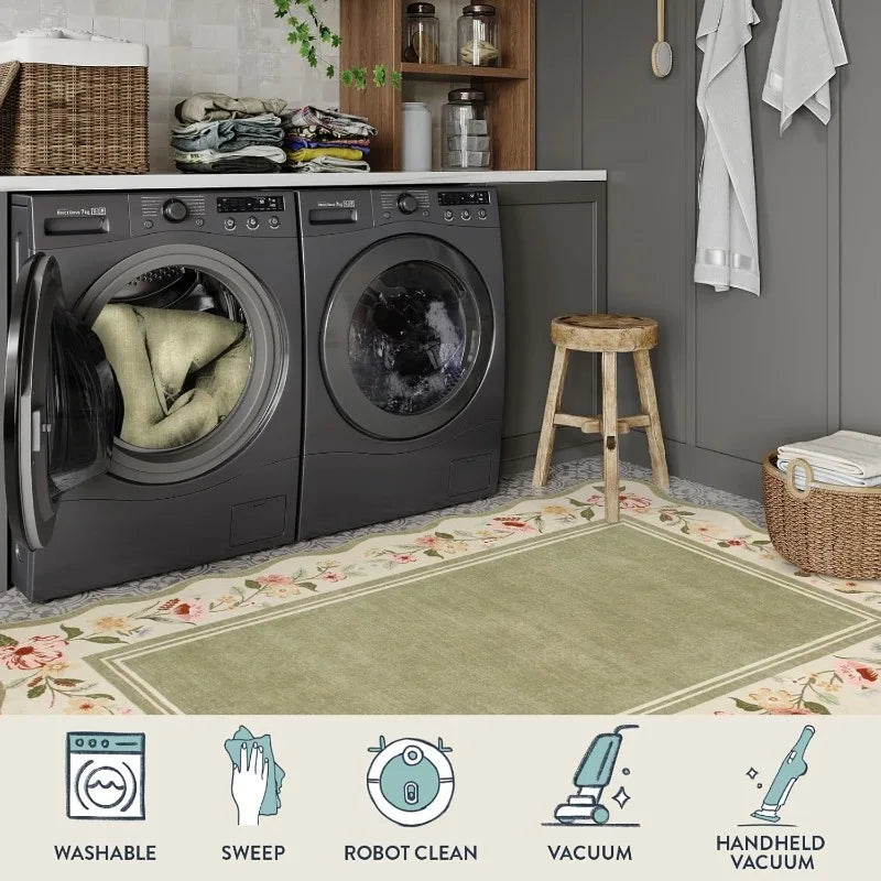Laundry room with washing machines, a rug, and cleaning icons at the bottom.