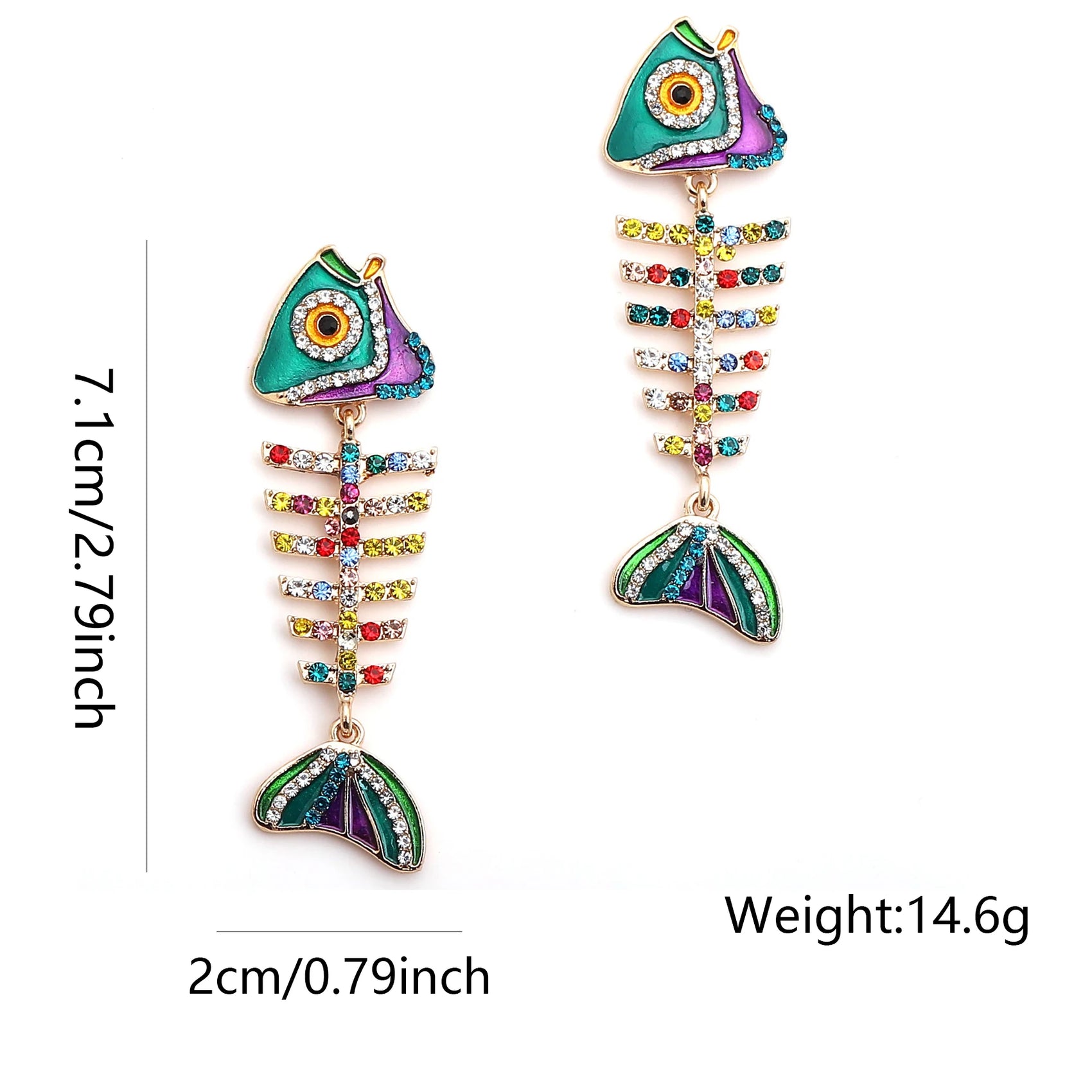 Colorful fish bone-shaped earrings with measurements and weight on a white background