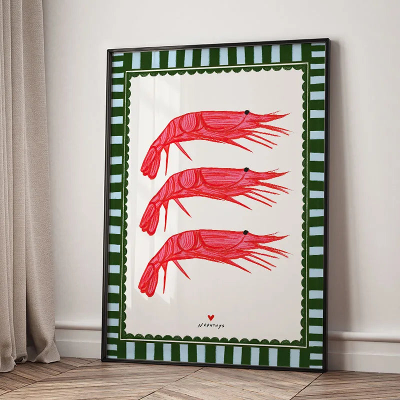 Framed artwork with red shrimp design on a white background, framed in green and white stripes.