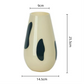 Beige vase with black spots and measurements on a white background