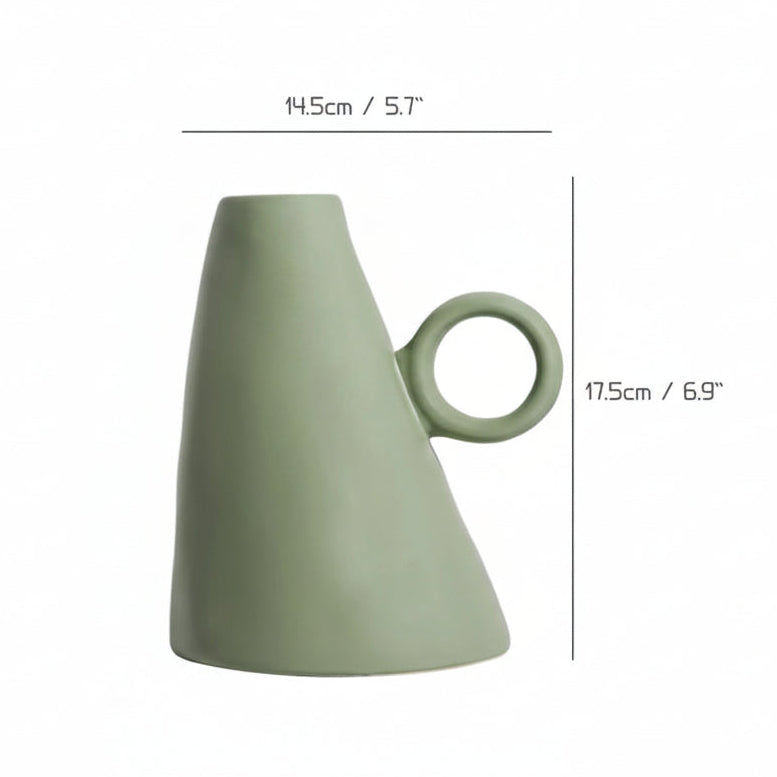 Green vase with dimensions on a white background
