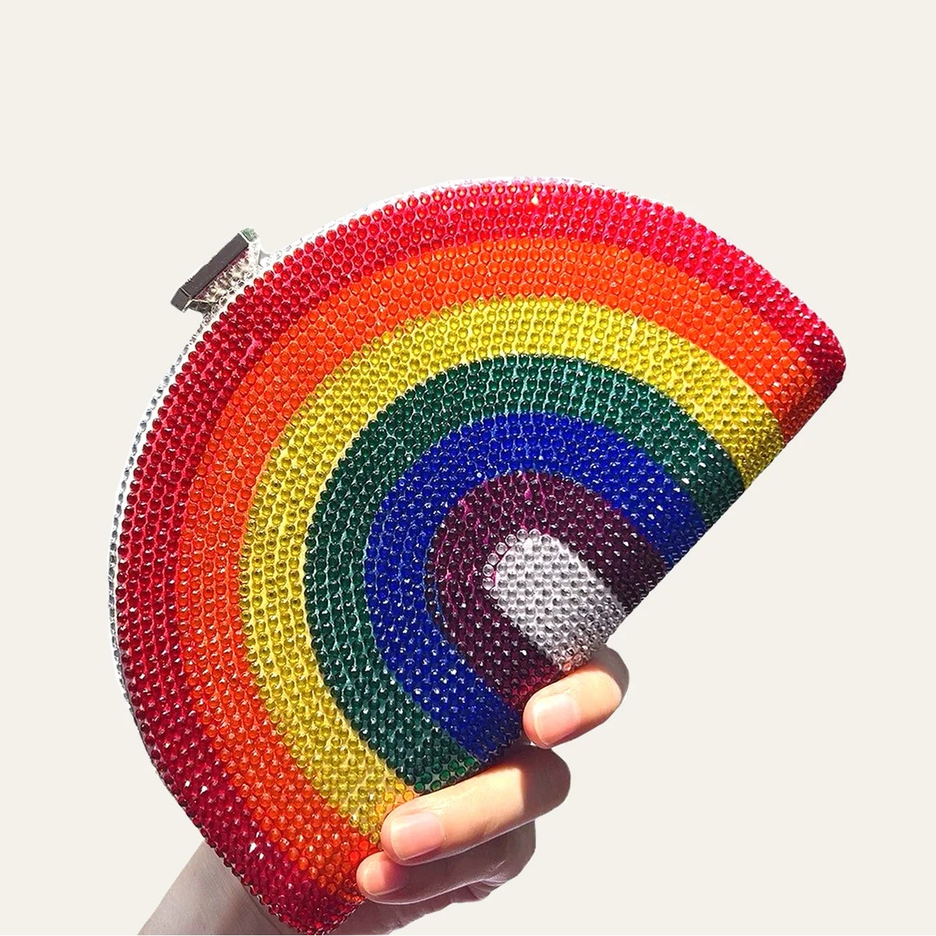 CEZIRA Women Luxury Glamorous Rainbow Color Rhinestone Evening Bag Colorful Stripes Half-round Dome Clutch Handbag Party Purse