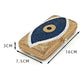 Gold clutch with blue and white design, shown with measurements on a white background