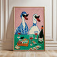 Framed artwork of two ducks with sunglasses, wine glasses, and a bottle on a pink background.