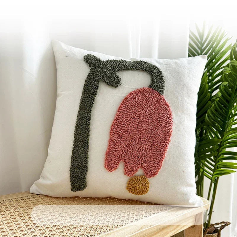 Nordic Style Flower Loop Tufted Cushion Cover Pink Plant Embroidered Decorative Pillows for Sofa Home Bedside Pillowcase