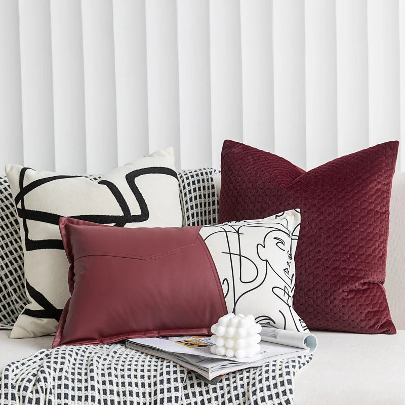 Modern Minimalist and Luxurious Cushion Cover Nordic Wine Red Suede Abstract Art Cushion Covers Sofa Bedside Throw Pillow covers