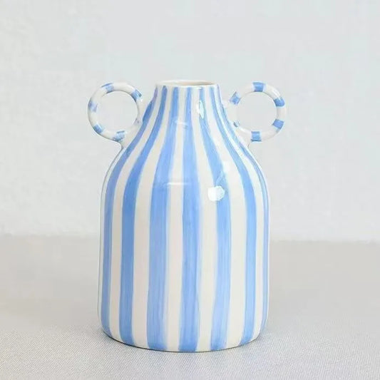 Hand Drawn Ceramic Vase - Striped Cylindrical Design, Used for Living Room Decoration, Pottery, Decorative Ornaments