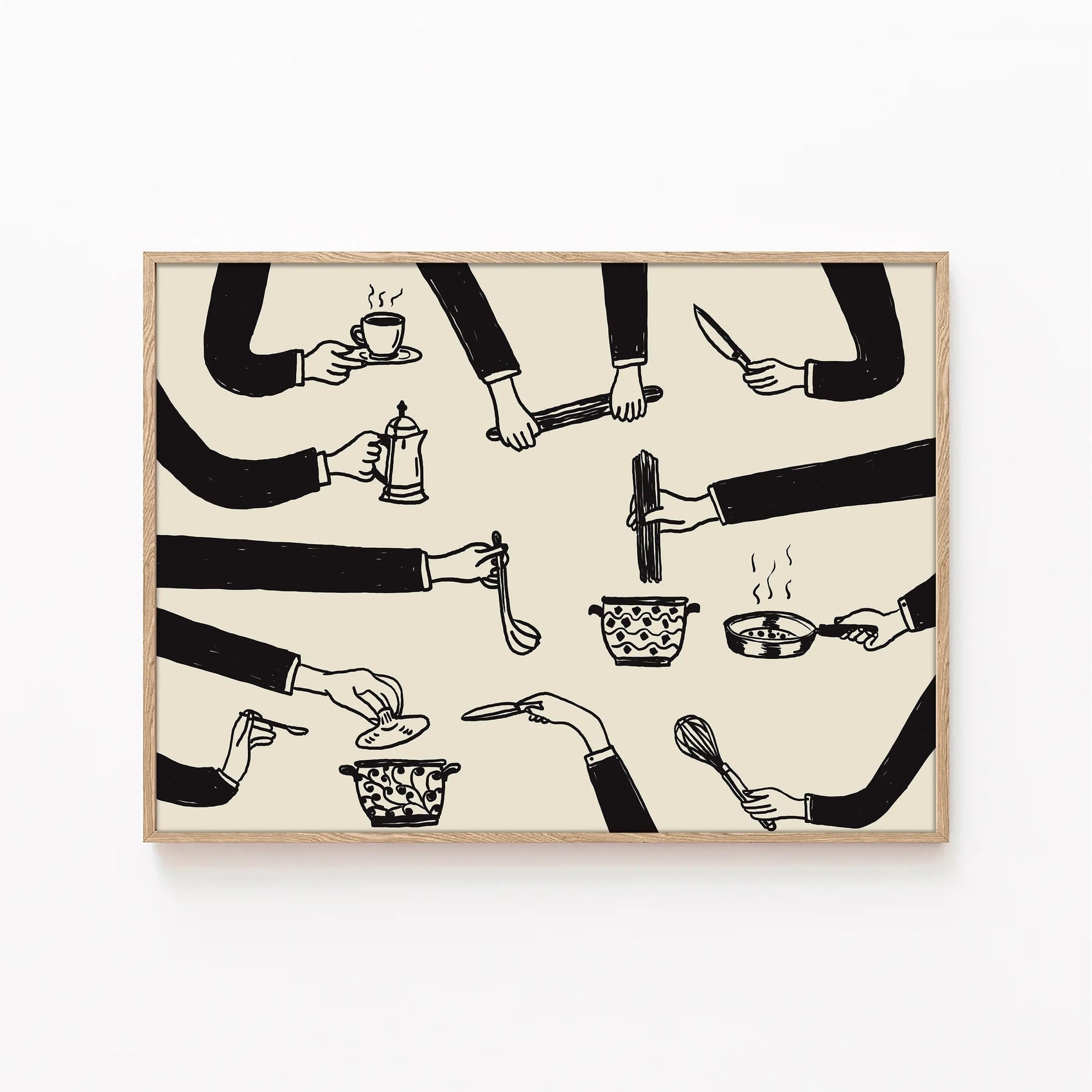 Framed artwork with black and white illustrations of hands holding kitchen utensils on a beige background.