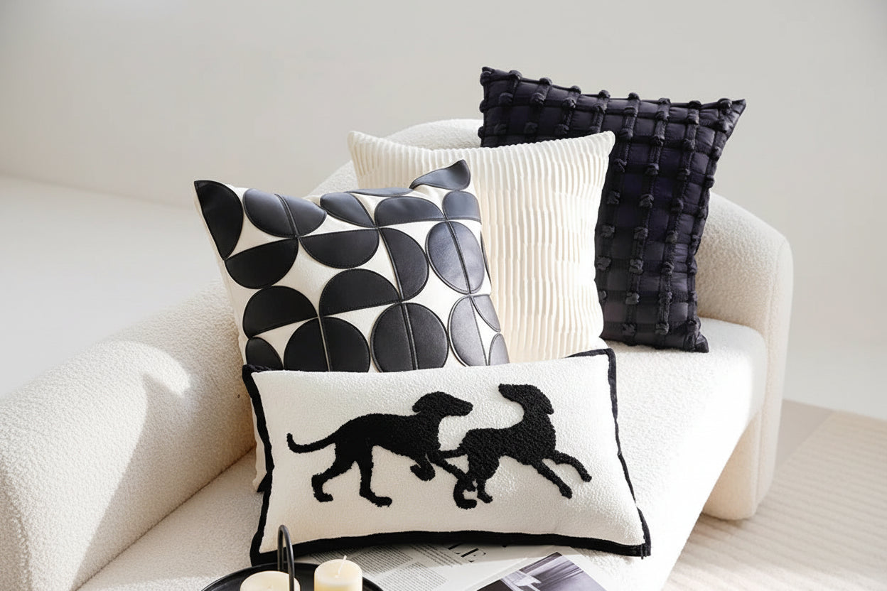 Decorative pillows with geometric patterns and a silhouette design on a sofa.