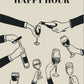 Illustration of hands holding wine glasses and bottles with 'Happy Hour' text on a beige background