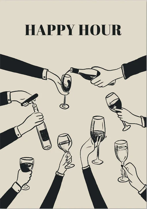 Illustration of hands holding wine glasses and bottles with 'Happy Hour' text on a beige background