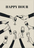 Illustration of hands holding wine glasses and bottles with &