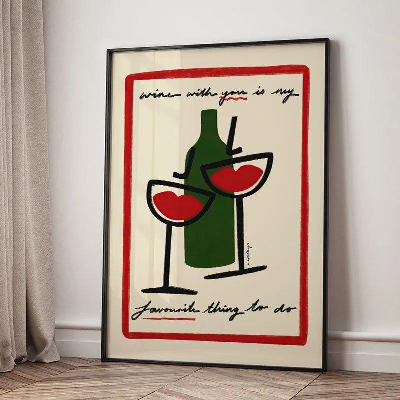Framed artwork with wine bottle and glasses design on a wall.