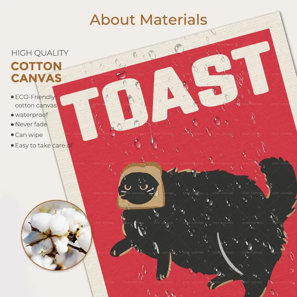 Product packaging with a cat wearing a bread costume on a red background, featuring text about materials.