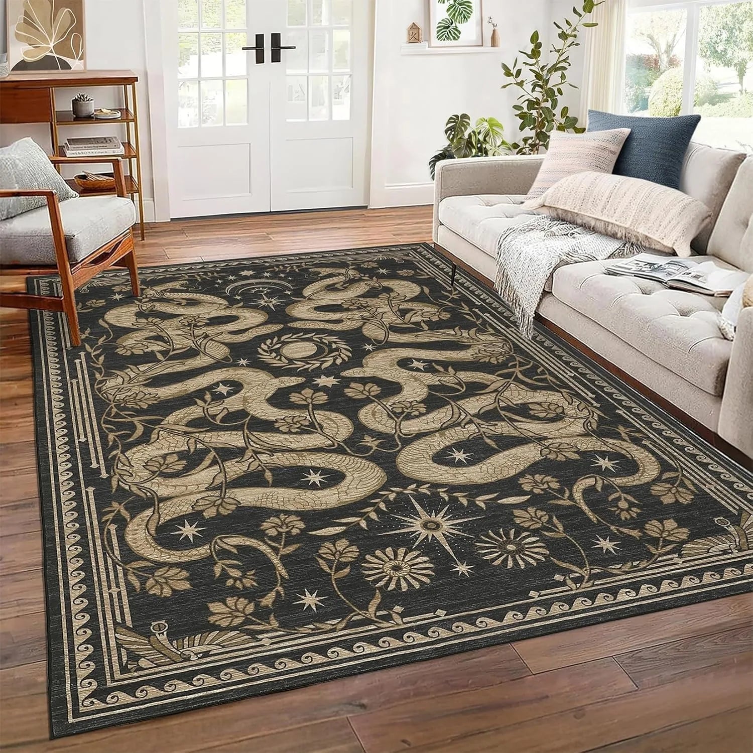 Decorative rug with dragon design in a living room setting