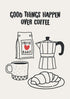 Illustration of coffee mug, bag of coffee beans, Moka pot, and croissant with &