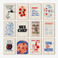 Collection of framed prints with various kitchen-themed sayings and graphics on a white background.