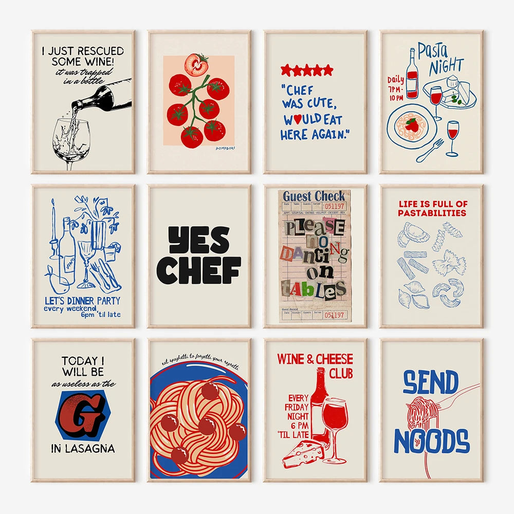 Collection of framed prints with various kitchen-themed sayings and graphics on a white background.