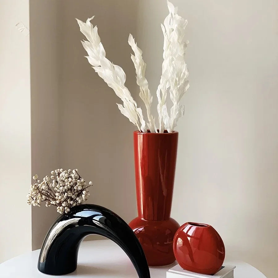 Red Ceramic Art Vase Wedding Housewarming Festive Vase Home Living Room New Year Decoration