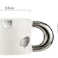 White ceramic mug with decorative handle and spoon, featuring measurements on a white background.