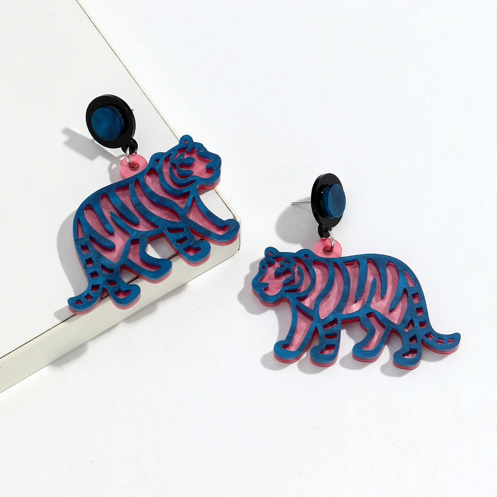 Creative Big Animals Tiger Pendant Earrings for Women Scary Double Layer Acrylic Colorful Drop Earring 2025 Trendy Jewelry