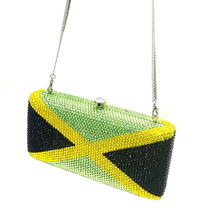 Handbag with a design resembling the flag of Jamaica on a white background