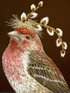 Bird with a branch of flowers on a brown background