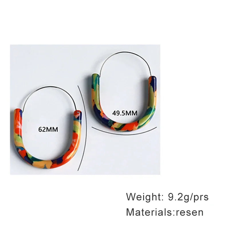 Colorful hoop earrings with measurements and material information on a white background