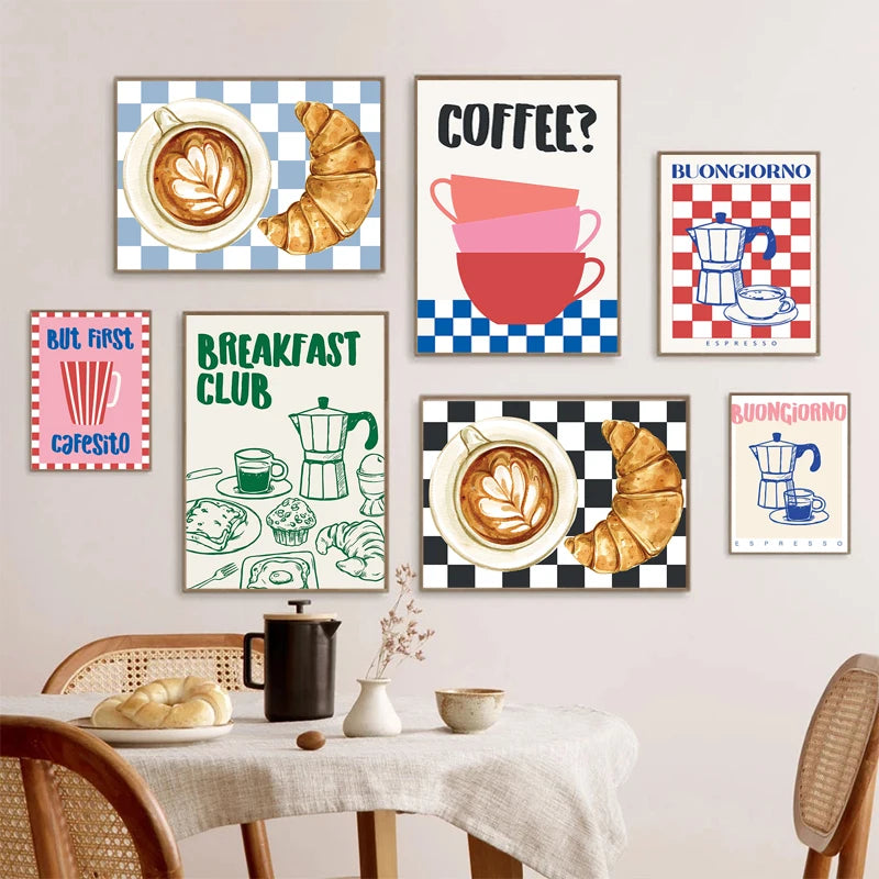 Set of coffee-themed wall art prints on a wall above a dining table.