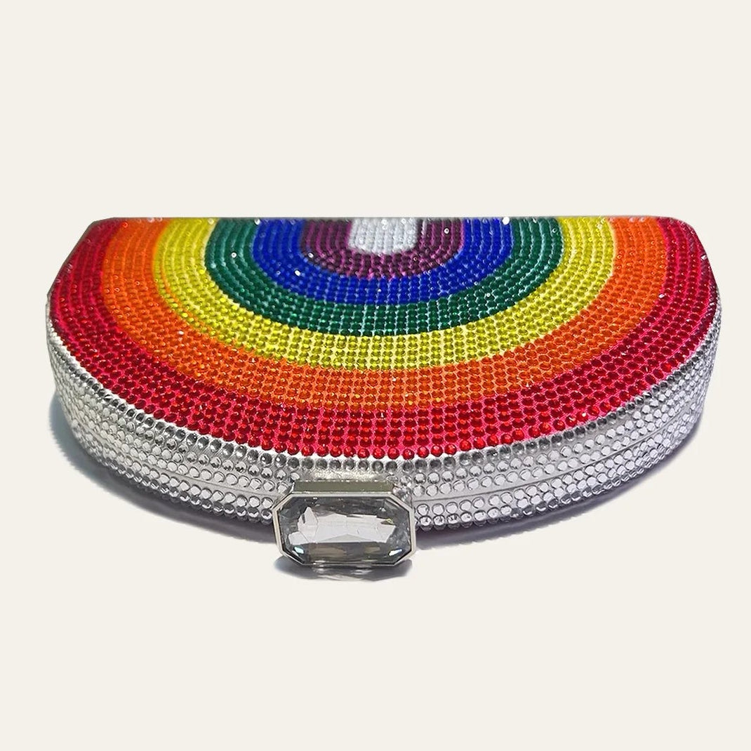 CEZIRA Women Luxury Glamorous Rainbow Color Rhinestone Evening Bag Colorful Stripes Half-round Dome Clutch Handbag Party Purse