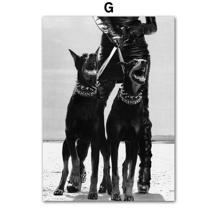 Fashion Girl Dog Leopard Car Black White Wall Art Canvas Painting Nordic Posters And Prints Pictures Living Room Home Decoration