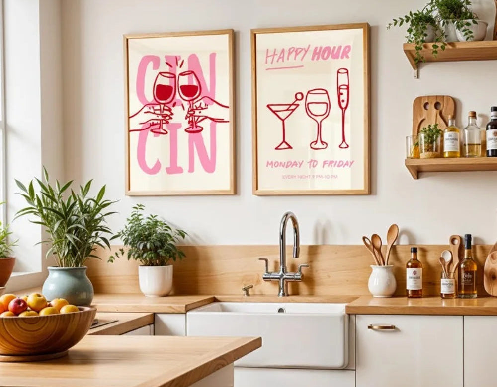 Modern kitchen with wooden countertops, white cabinets, and decorative wall art.