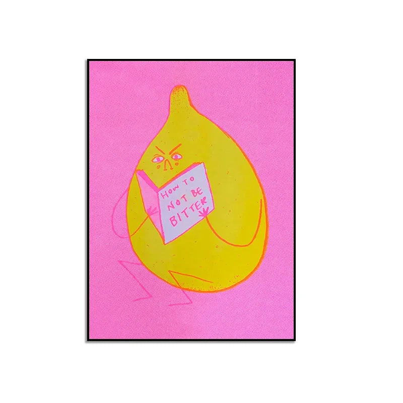 Yellow lemon character holding a sign with text on a pink background