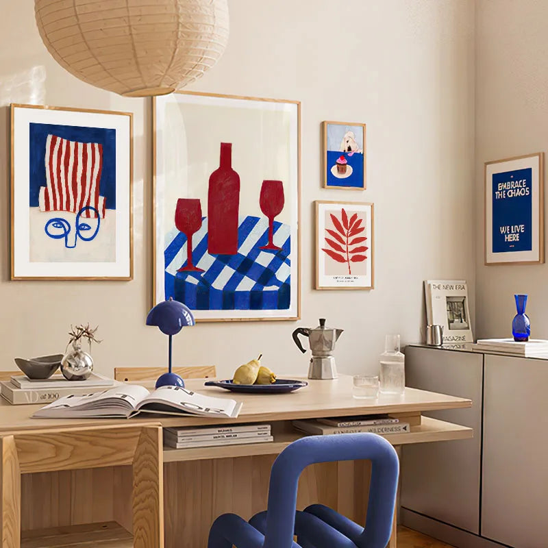 Red Blue Funny Joker Red Wine Coffee Bird Life Wall Art Canvas Painting Nordic Abstract Poster Prints Pictures Living Room Decor