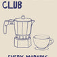 Coffee lover club invitation with a coffee maker and cup on a beige background