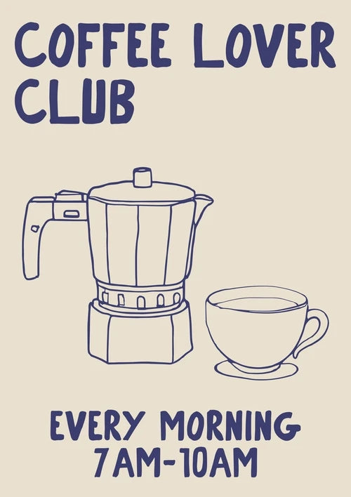 Coffee lover club invitation with a coffee maker and cup on a beige background