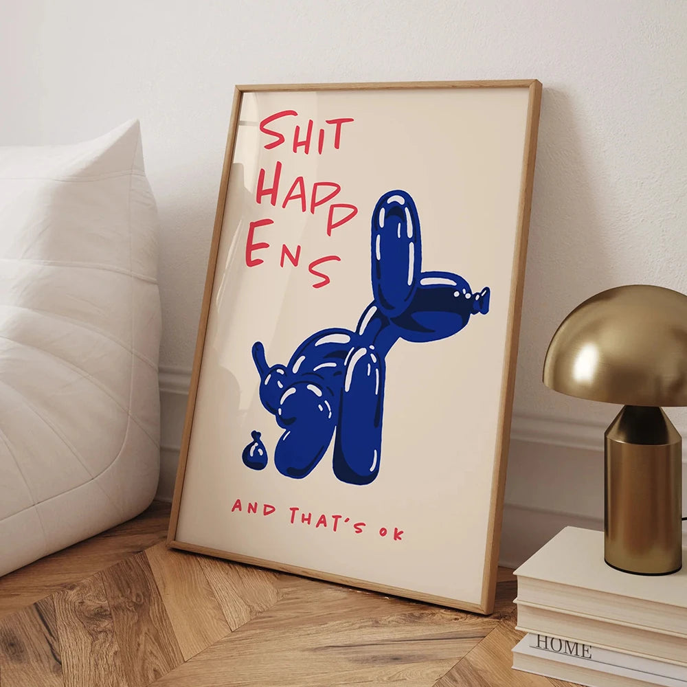 Modern Blue Balloon Dog Wall Art Canvas Shit Happens And That's Ok Painting Quote Posters For Living Room Bedroom Home Decor