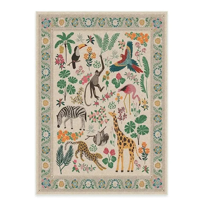 Decorative rug with colorful animal and floral pattern on a white background