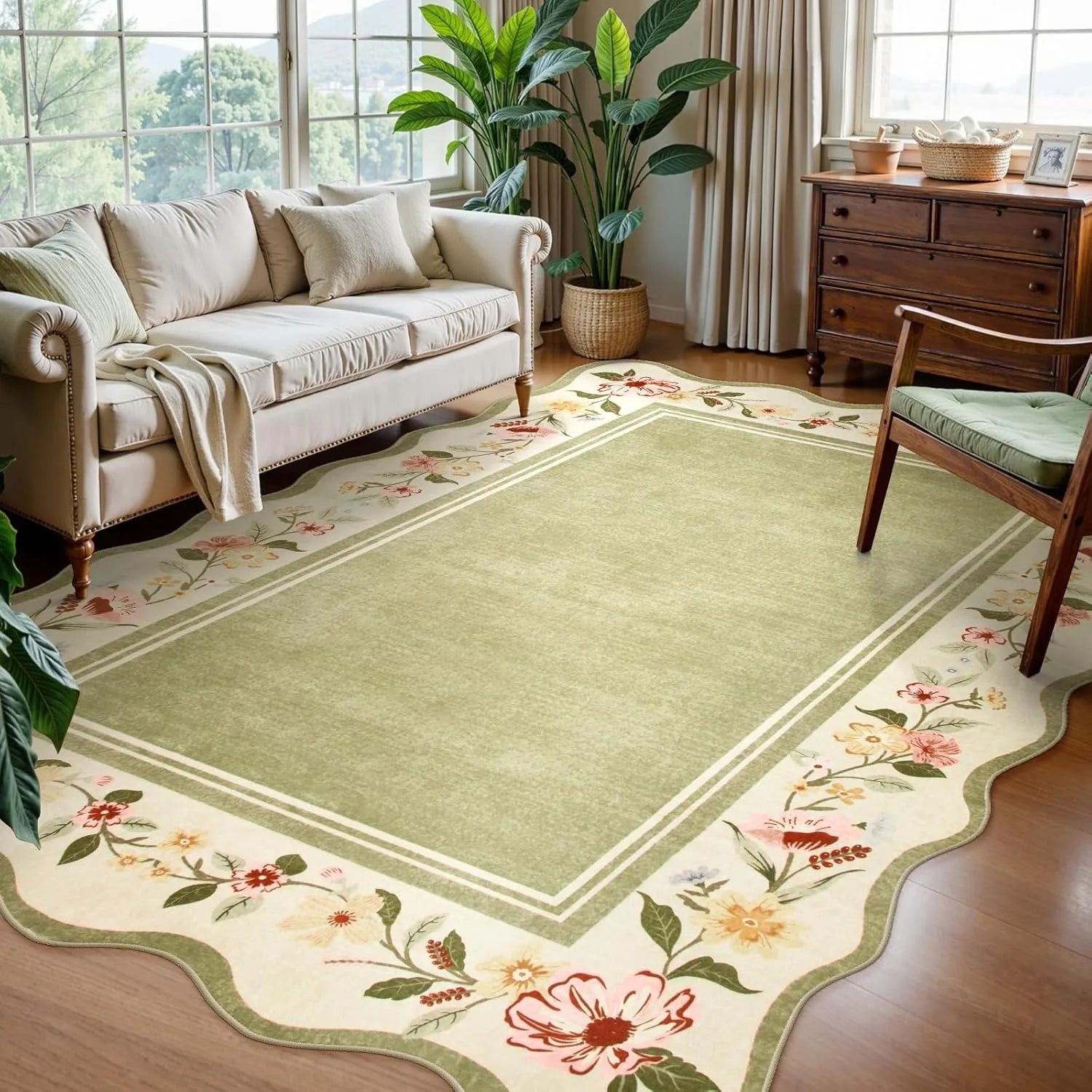 Living room with a green floral-patterned rug, beige sofa, and wooden furniture.