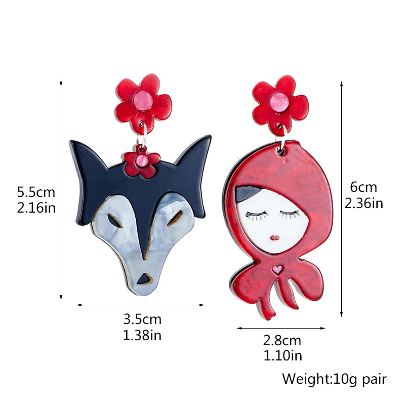 YAOLOGE Cartoon Asymmetric Women Earrings Wolf and Little Red Riding Hood Pattern Acrylic Jewelry Girls Party Unique Decoration