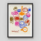 Framed artwork with colorful ice cream and drink illustrations on a beige background.