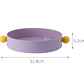 Purple round tray with yellow spherical handles and measurements on a white background